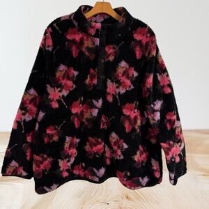 Terra & Sky Pullover Sherpa Jacket 2X Womens Black Print Pullover Snap 1/4 Neck
